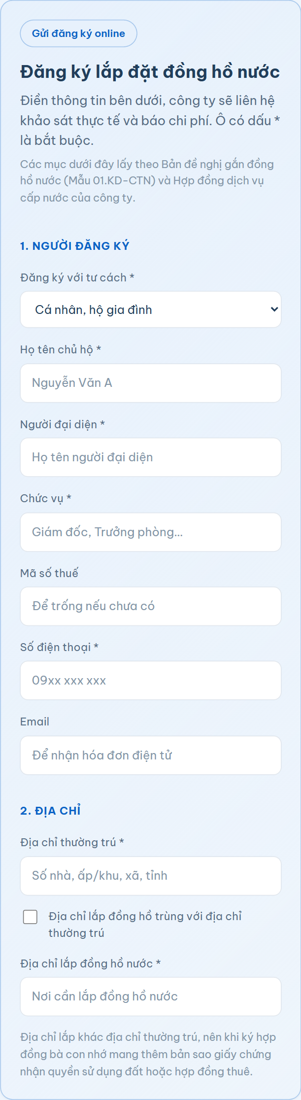 Phần 1 và phần 2 của form đăng ký lắp đồng hồ nước: người đăng ký và địa chỉ