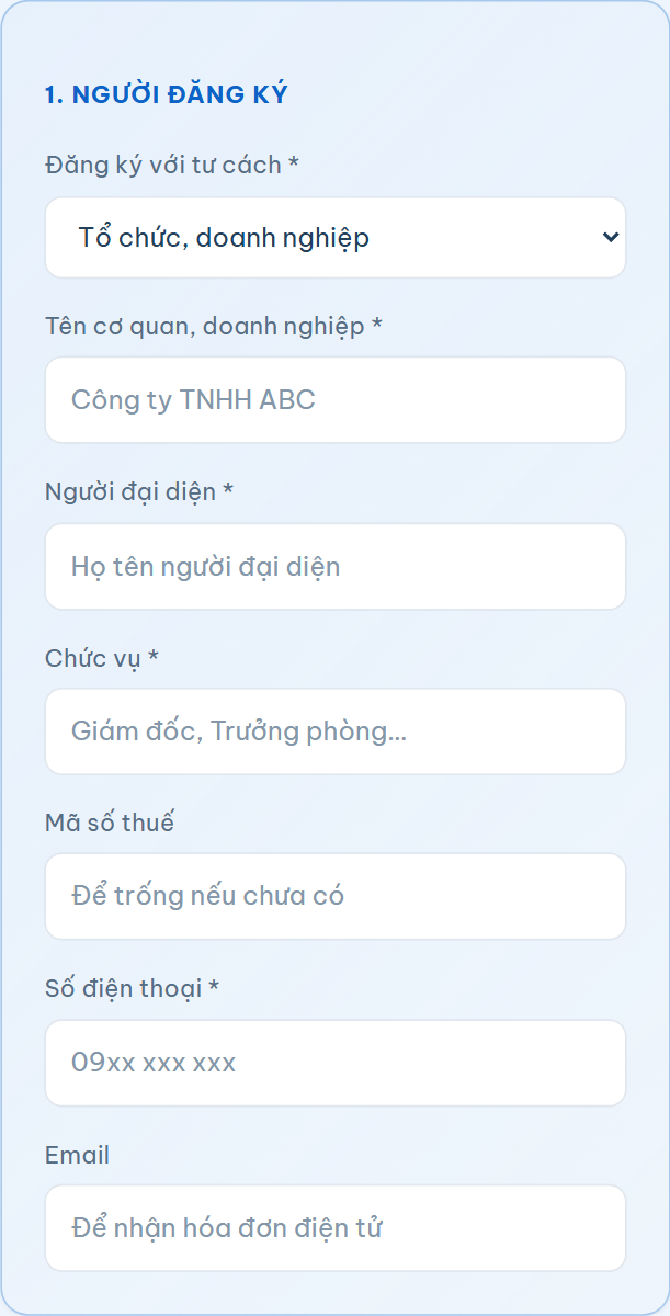 Khi chọn đăng ký với tư cách tổ chức, form hiện thêm ô Người đại diện, Chức vụ và Mã số thuế