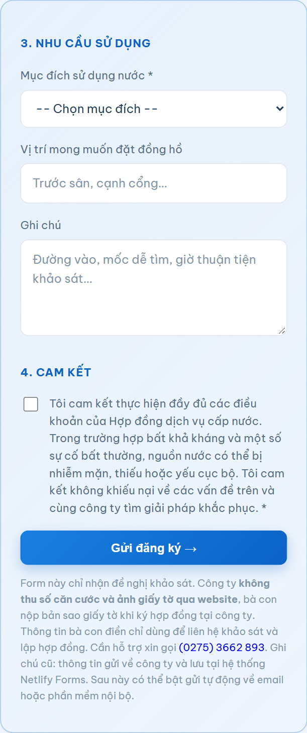 Phần 3 và phần 4 của form đăng ký: nhu cầu sử dụng và ô tích cam kết