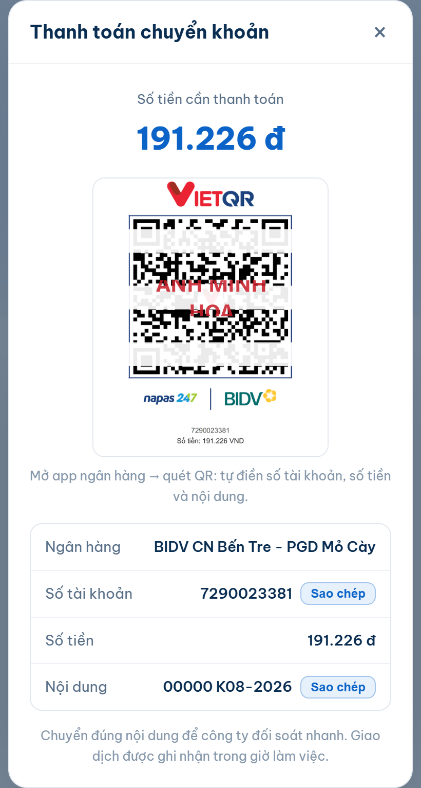 Màn hình mã QR thanh toán tiền nước, kèm tên ngân hàng, số tài khoản, số tiền và nội dung chuyển khoản