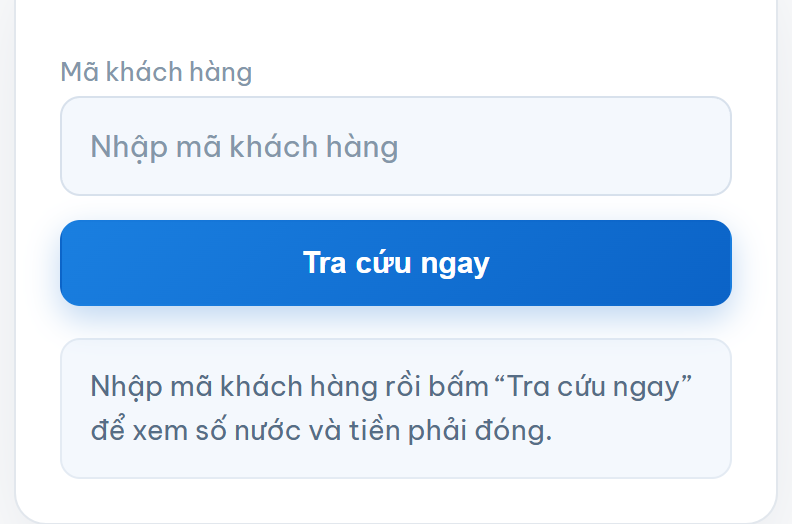 Ô nhập mã khách hàng trên trang Dịch vụ khách hàng của website Cấp Thoát Nước Mỏ Cày