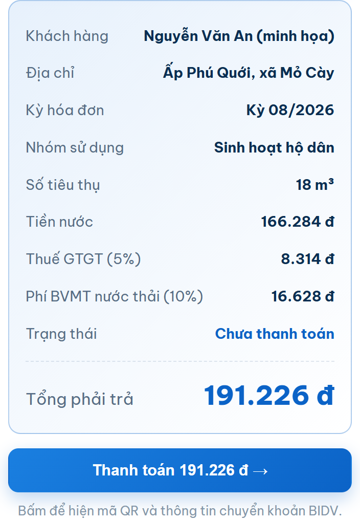 Kết quả tra cứu tiền nước hiển thị kỳ hóa đơn, số mét khối, tiền nước, thuế, phí bảo vệ môi trường và tổng phải trả