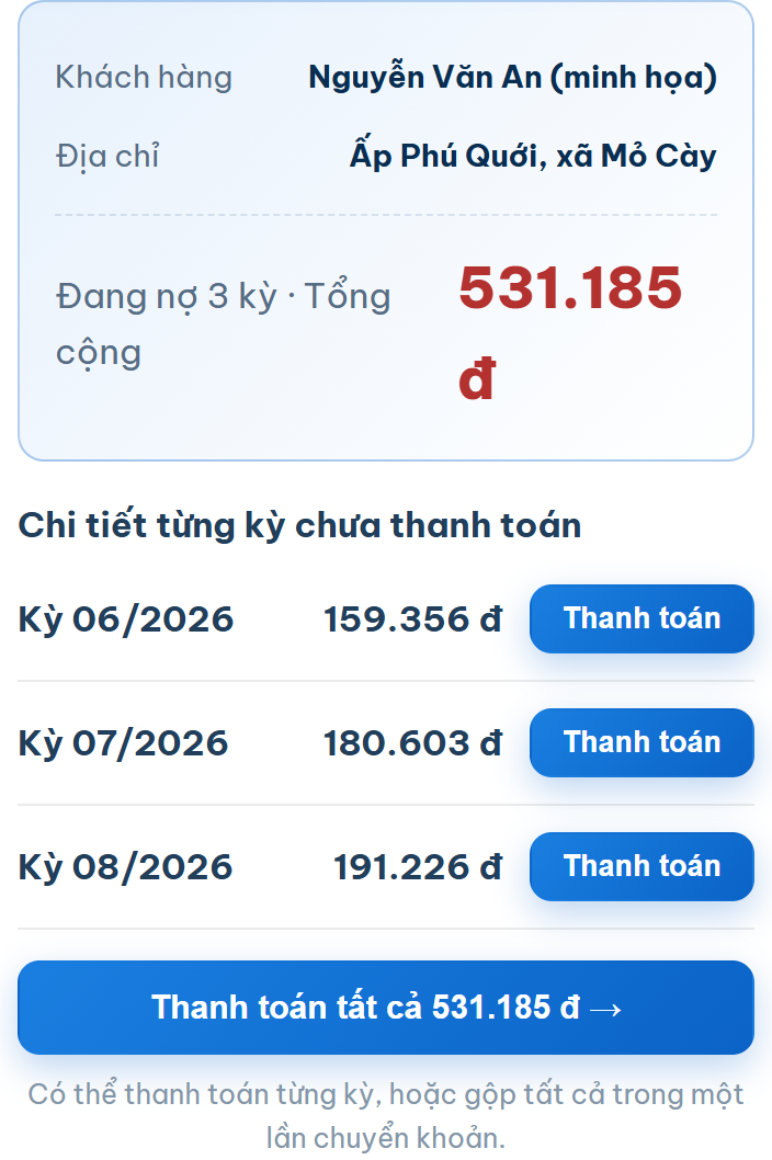 Màn hình công nợ nhiều kỳ, liệt kê từng kỳ hóa đơn kèm số tiền của riêng kỳ đó