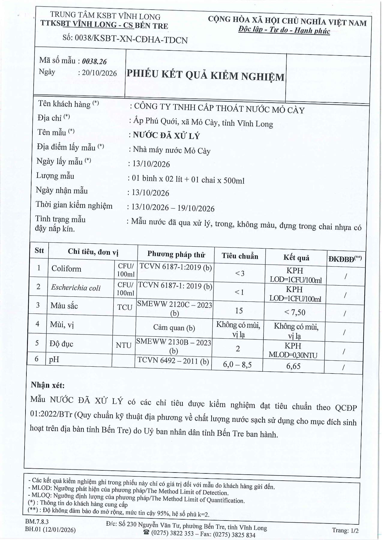 Phiếu kiểm nghiệm kỳ 10/2026, trang 1